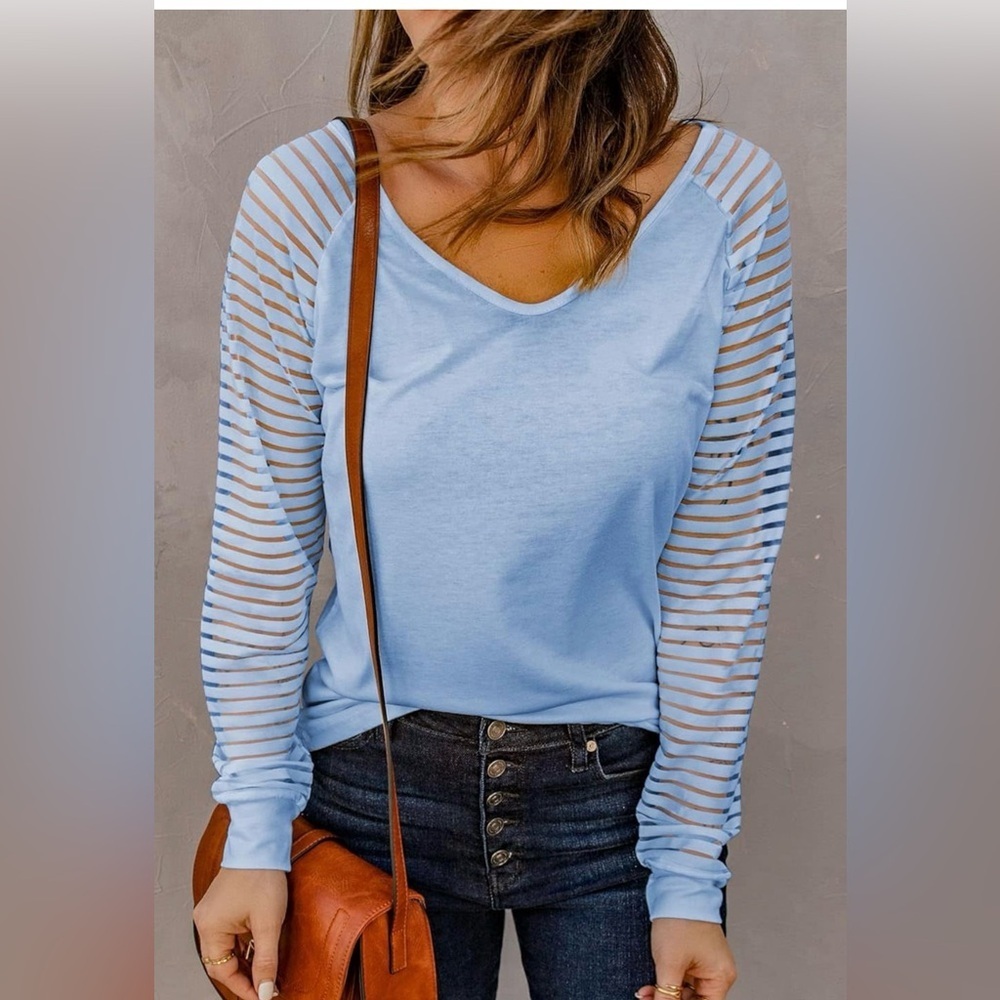 Meufam Light Blue V-Neck Top Sheer Stripe Sleeves Stretch Blouse M - Picture 2 of 7